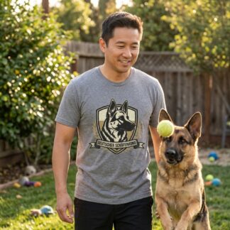 German Shepherd Owners T-Shirt - Gsd Badge - Multi t-shirt front view with graphic design and typography
