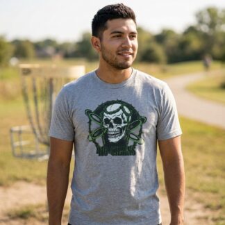 Disc Golf T-Shirt - Disc Golf Skull Chains - Multi t-shirt front view with graphic design and typography