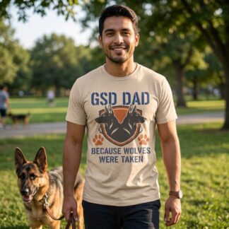 GSD Dad Because Wolves Were Taken German Shepherd t-shirt front view with graphic design and typography
