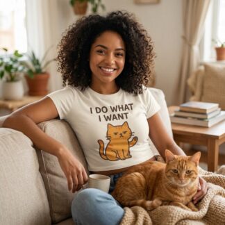 I Do What I Want Cat Crop Tee t-shirt front view with graphic design and typography