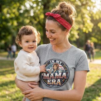 Retro Rosie Riveter style mom graphic design with In My Mama Era slogan on vintage-inspired t-shirt