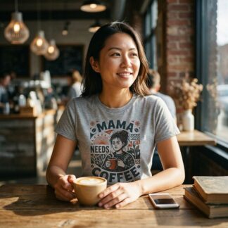 Illustrated mom holding a coffee mug with retro floral design on funny Mother's Day or coffee lover tee