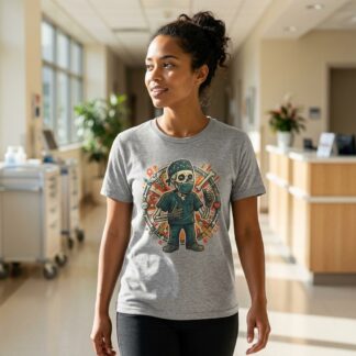 Skeleton nurse doctor illustration with stethoscope in edgy medical graphic design on t-shirt