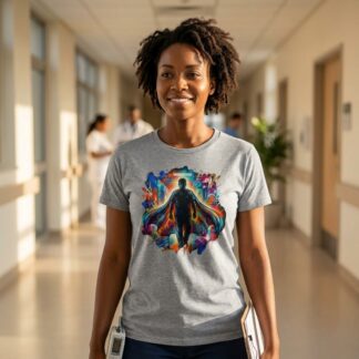 Colorful comic-style superhero nurse silhouette with flowing cloak and medical cross emblem on nurse tee