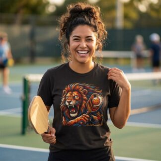 Warrior lion roaring with pickleball paddle illustration in bold animal graphic style on t-shirt