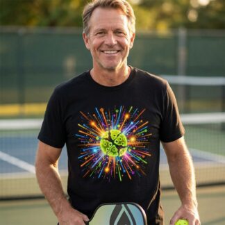 Trippy neon psychedelic pickleball burst design with vibrant colors and paddle illustration on t-shirt
