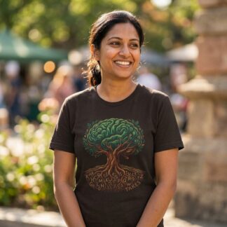 Artistic illustration of a tree with brain-shaped canopy and roots spreading like knowledge on graphic tee