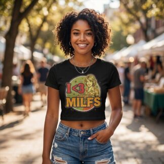 Retro pinup woman illustration with I <3 MILFs text on fitted baby tee crop top