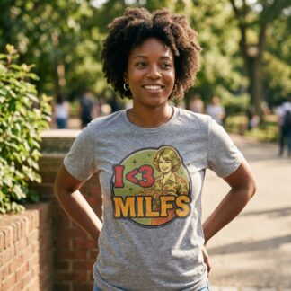 Retro 1950s style pinup woman graphic with bold I <3 MILFs text on vintage retro graphic tee