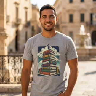 Illustration of stacked books with graduation cap for literary teacher appreciation t-shirt design
