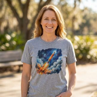 Whimsical illustration of a pencil launching like a rocket into a starry night sky on teacher appreciation t-shirt