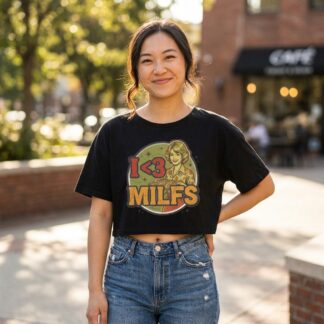 Retro 1950s style pinup woman graphic with bold I <3 MILFs text in vintage Americana design on crop top tee