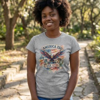 America 250 EST. 1776 bald eagle graphic patriotic t-shirt with American flag