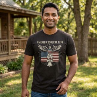 America 250 EST.1776 bald eagle and American flag patriotic t-shirt design