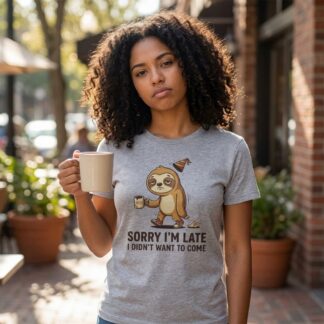 Sorry I'm Late Funny Sloth Illustration T-Shirt front view