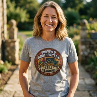 Survived Another Year Still Standing retro badge T-Shirt front view