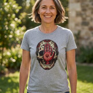 Sugar Skull with Red Hand Heart T-Shirt - Model wearing t-shirt