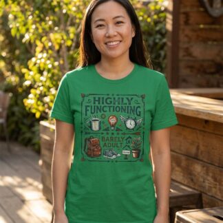 Highly Functioning Barely An Adult Tee | Coffee, Books, Plants Design