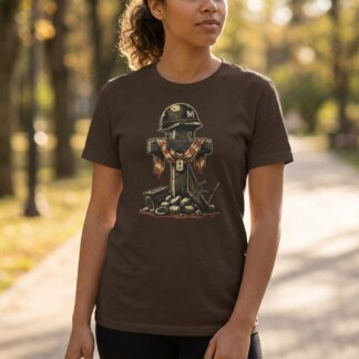 Fallen soldier memorial tee with military helmet and cross design