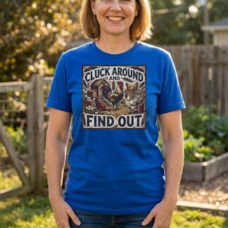 Cluck around and find out rooster hen farmyard graphic tee