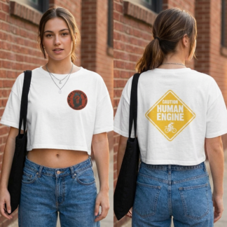 Caution Human Engine graphic crop tee bicycle warning sign design