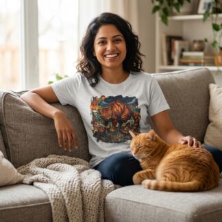 Giant Orange Tabby Cat climbing city rooftop urban cat illustration t-shirt