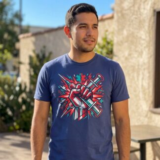 Raised fist holding syringes medical resistance graphic tee