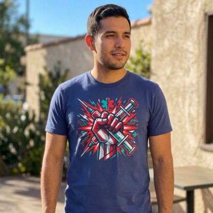 Raised fist holding syringes medical resistance graphic tee