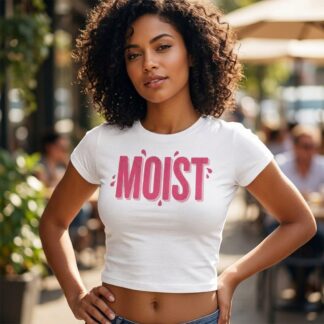 MOIST pink block text baby tee