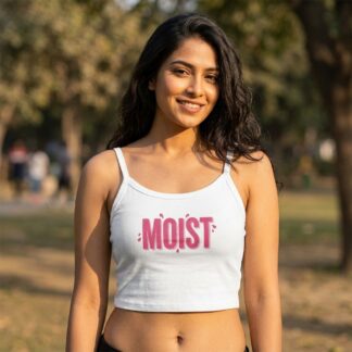 MOIST pink drip text spaghetti strap crop tank top