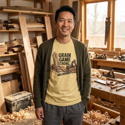 Grain Game Strong woodworking tee lifestyle photo