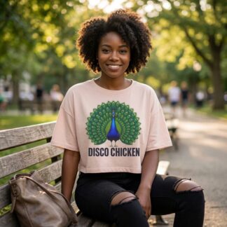 Disco Chicken Peacock Design Crop Tee lifestyle photo