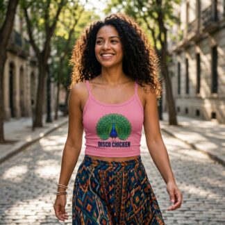 Disco Chicken peacock spaghetti strap crop tank lifestyle photo