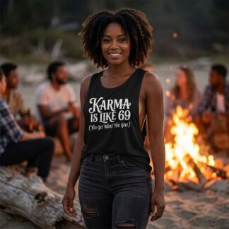 Karma is Like 69 (You Get What You Give) Flowy Scoop Tank lifestyle photo