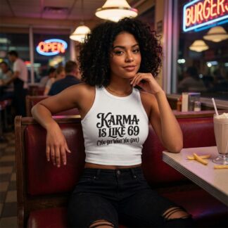 Karma Is Like 69 graphic micro-rib Racer Tank Top lifestyle photo