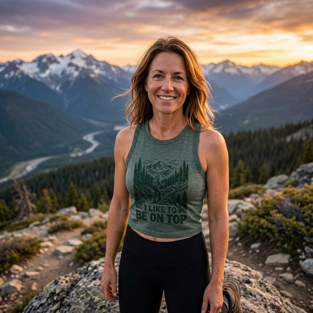Mountain Peak Illustration I Like To Be On Top Micro Rib Crop Racerback Tank lifestyle photo