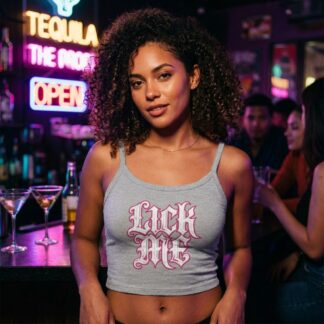 Lick Me gothic script crop tank top lifestyle photo