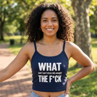 WHAT THE F*CK graphic spaghetti strap crop tank top lifestyle photo