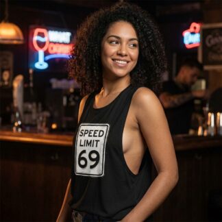 Speed Limit 69 sign women's flowy scoop muscle tank lifestyle photo