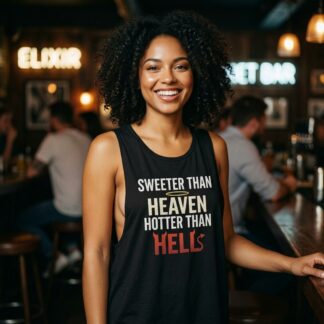 Sweeter Than Heaven Hotter Than Hell flowy women's scoop muscle tank lifestyle photo