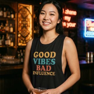 Good Vibes Bad Influence women's flowy scoop tank top lifestyle photo