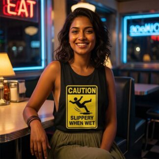 Caution Slippery When Wet sign women's flowy scoop muscle tank top lifestyle photo