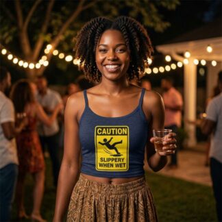 Caution Slippery When Wet graphic spaghetti strap crop tank top lifestyle photo
