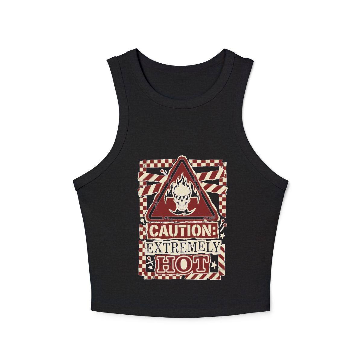 Caution Extremely Hot Flaming Skull Hot racerback tank top | Retro Checkerboard Warning Design - Image 2