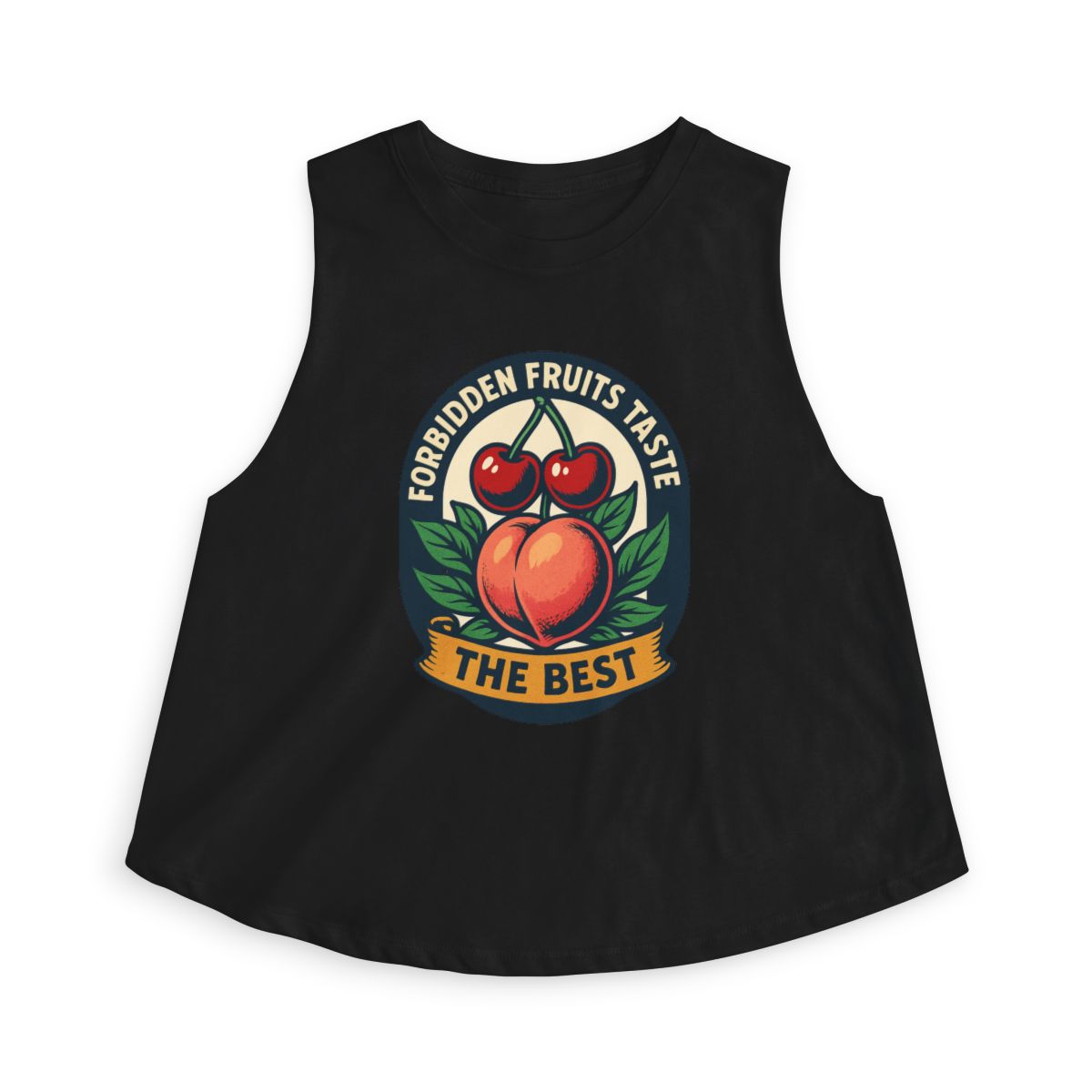 Forbidden Fruits Taste The Best sleeveless crop top | Peach & Cherries fruit badge - Image 7