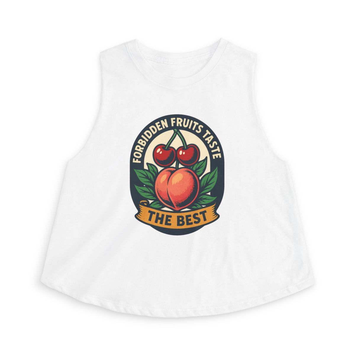 Forbidden Fruits Taste The Best sleeveless crop top | Peach & Cherries fruit badge - Image 8