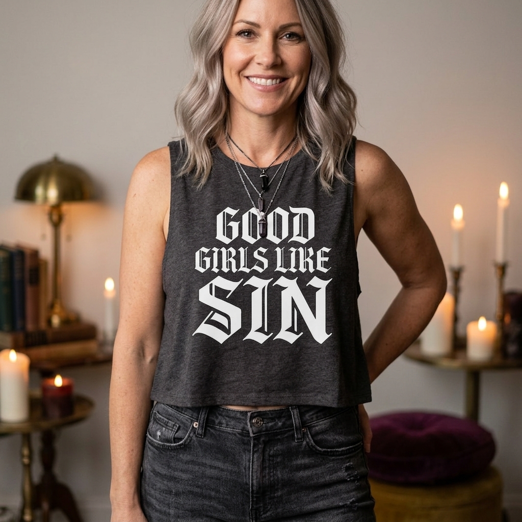 Good Girls Like Sin sleeveless crop top | Gothic text tank