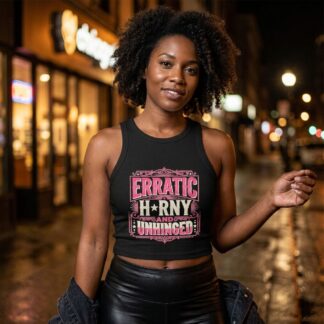 Erratic Horny and Unhinged Micro Rib Racer Tank Top, Pink Vintage Typography lifestyle photo