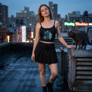A Cat's 9 Lives spaghetti strap crop graphic tank top lifestyle photo