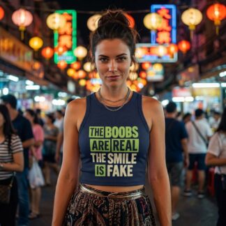 The Boobs Are Real The Smile Is Fake microrib racerback tank top lifestyle photo